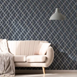 GoodHome Ashbourne Blue Geometric Metallic Effect Smooth Wallpaper -Goodhome goodhome ashbourne blue geometric metallic effect smooth wallpaper5059340410623 20i