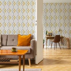 GoodHome Beril Grey & Ochre Geometric Gold Effect Textured Wallpaper -Goodhome goodhome beril grey ochre geometric gold effect textured wallpaper5059340408750 20i