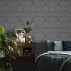 GoodHome Chalfont Charcoal Damask Glitter Effect Textured Wallpaper -Goodhome goodhome chalfont charcoal damask glitter effect textured wallpaper5059340410708 20i