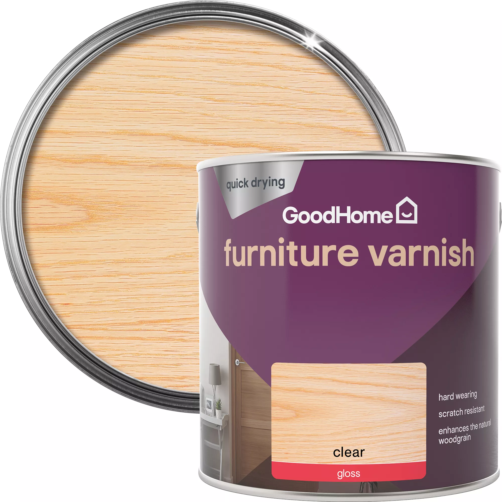 GoodHome Clear Gloss Multi-surface Furniture Wood Varnish, 2.5L 3 GoodHome Clear Gloss Multi-surface Furniture Wood Varnish, 2.5L