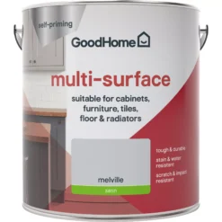 GoodHome Durable Melville Satin Multi-surface Paint, 2L -Goodhome goodhome durable melville satin multi surface paint 2l3663602586296 02c