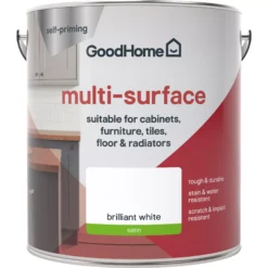 GoodHome Durable North Pole (Brilliant White) Satin Multi-surface Paint, 2L -Goodhome goodhome durable north pole brilliant white satin multi surface paint 2l3663602586111 02c