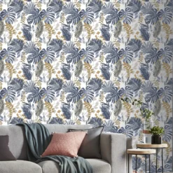 GoodHome Ferula Blue Tropical Leaves Textured Wallpaper -Goodhome goodhome ferula blue tropical leaves textured wallpaper3663602561446 02i bq