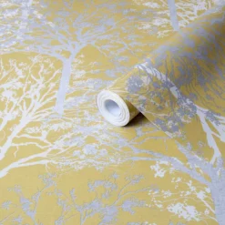 GoodHome Foxhill Yellow Trees Metallic Effect Smooth Wallpaper