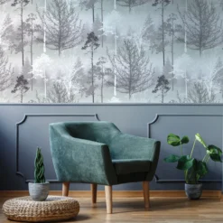 GoodHome Kitley Black & Grey Trees Metallic Effect Smooth Wallpaper -Goodhome goodhome kitley black grey trees metallic effect smooth wallpaper5059340410319 20i