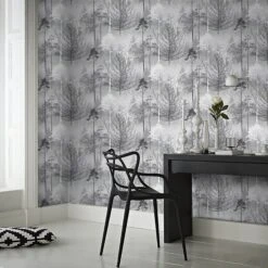 GoodHome Kitley Black & Grey Trees Metallic Effect Smooth Wallpaper -Goodhome goodhome kitley black grey trees metallic effect smooth wallpaper5059340410319 21i
