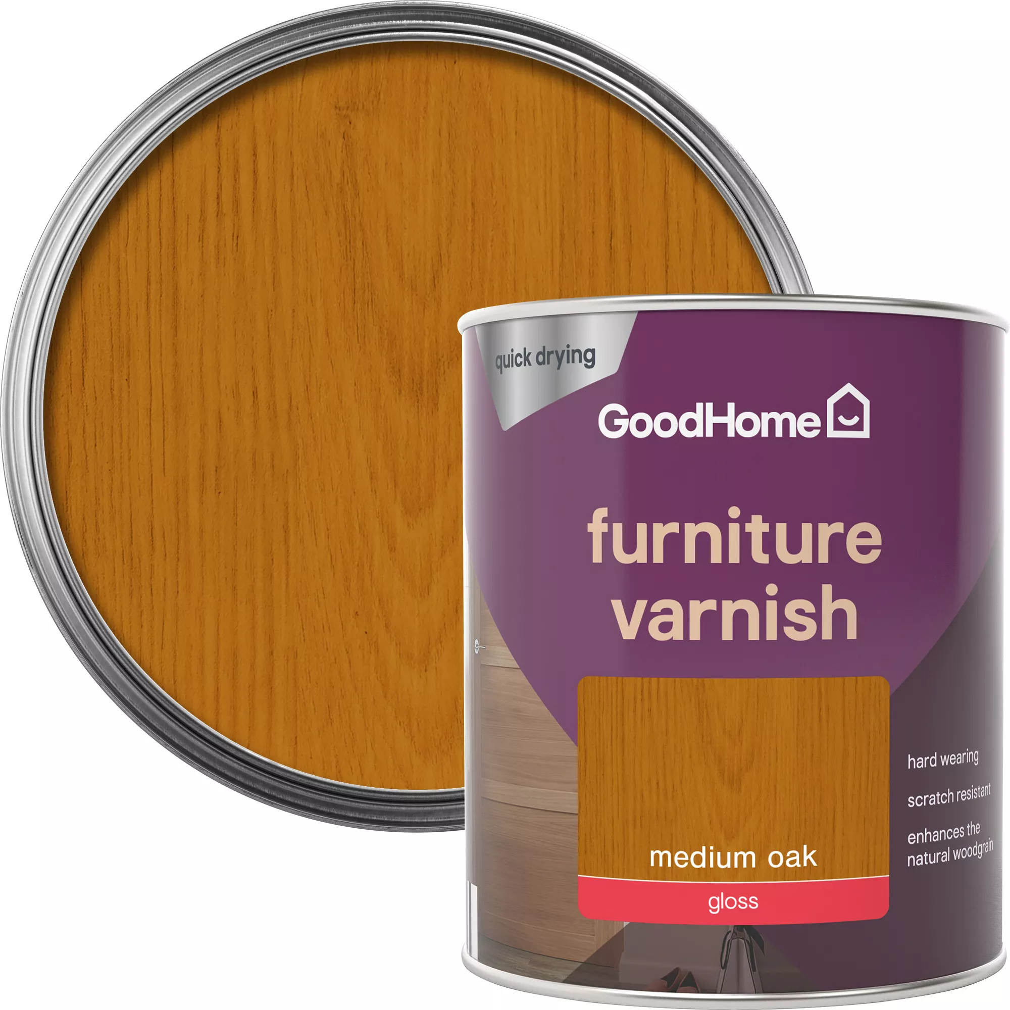 GoodHome Medium Oak Gloss Multi-surface Furniture Wood Varnish, 750ml 3 GoodHome Medium Oak Gloss Multi-surface Furniture Wood Varnish, 750ml