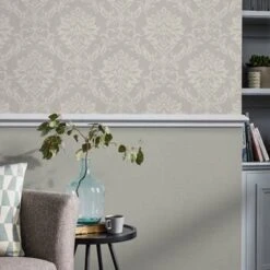 GoodHome Mire Beige Damask Woven Effect Textured Wallpaper -Goodhome goodhome mire beige damask woven effect textured wallpaper3663602559870 01i bq
