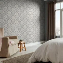 GoodHome Mire Grey Damask Woven Effect Textured Wallpaper -Goodhome goodhome mire grey damask woven effect textured wallpaper3663602559887 02i bq