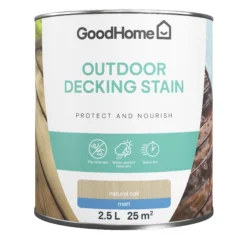 GoodHome Natural Oak Matt Quick Dry Decking Wood Stain, 2.5L -Goodhome goodhome natural oak matt quick dry decking wood stain 2 5l5059340297156 02c