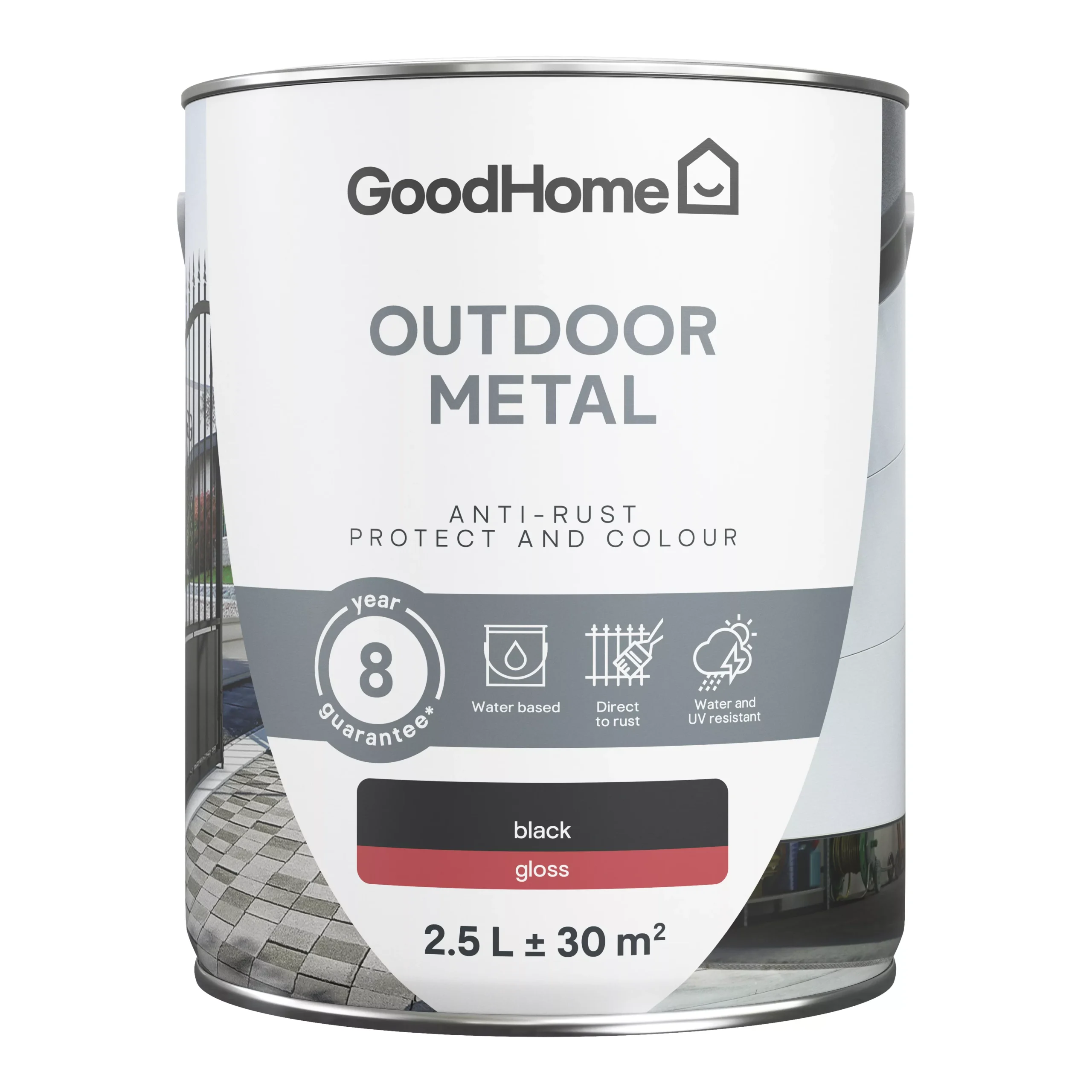 GoodHome Outdoor Black Gloss Exterior Metal Paint, 2.5L Tin 4 GoodHome Outdoor Black Gloss Exterior Metal Paint, 2.5L Tin - Image 2