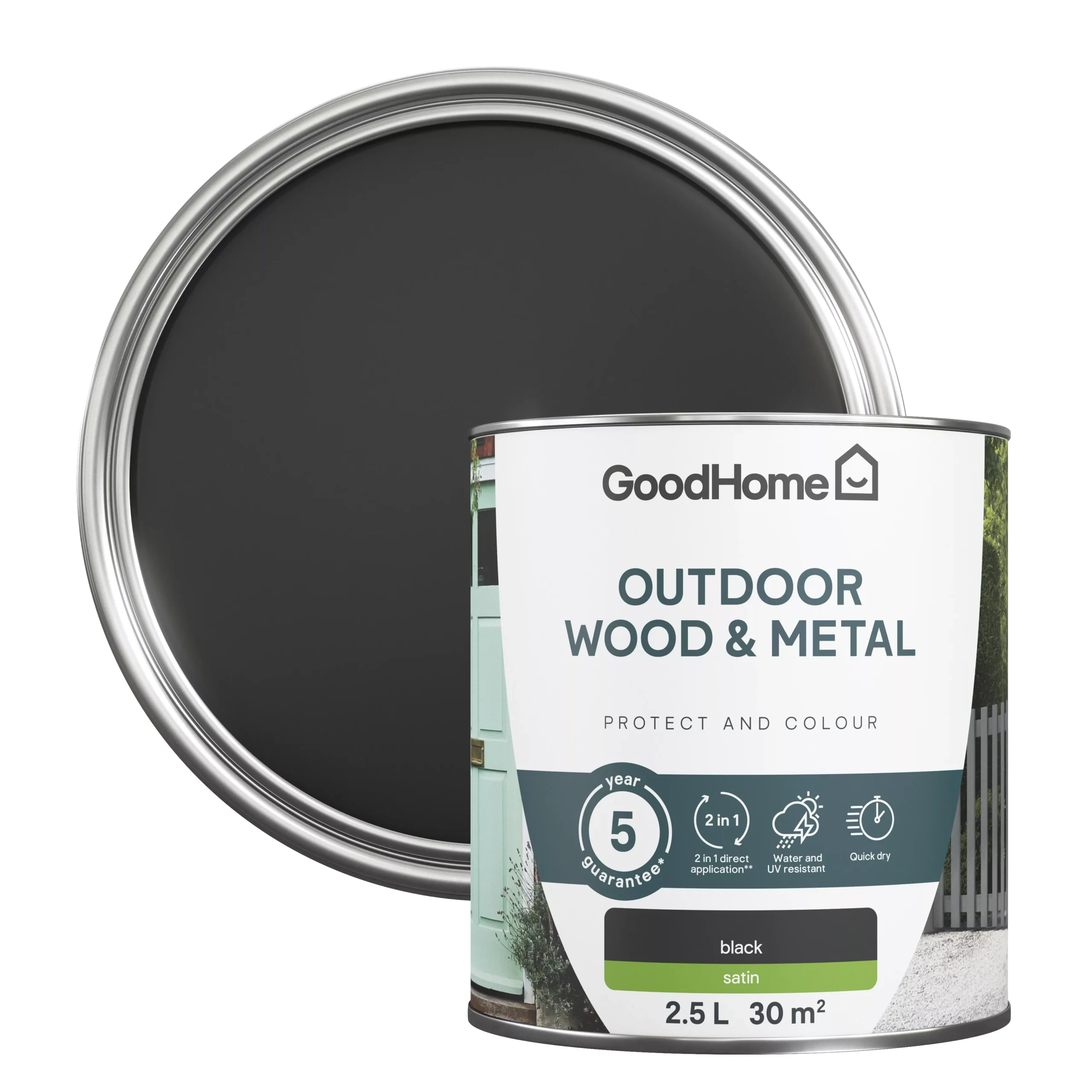 GoodHome Outdoor Black Satinwood Multi-surface Paint, 2.5L 3 GoodHome Outdoor Black Satinwood Multi-surface Paint, 2.5L