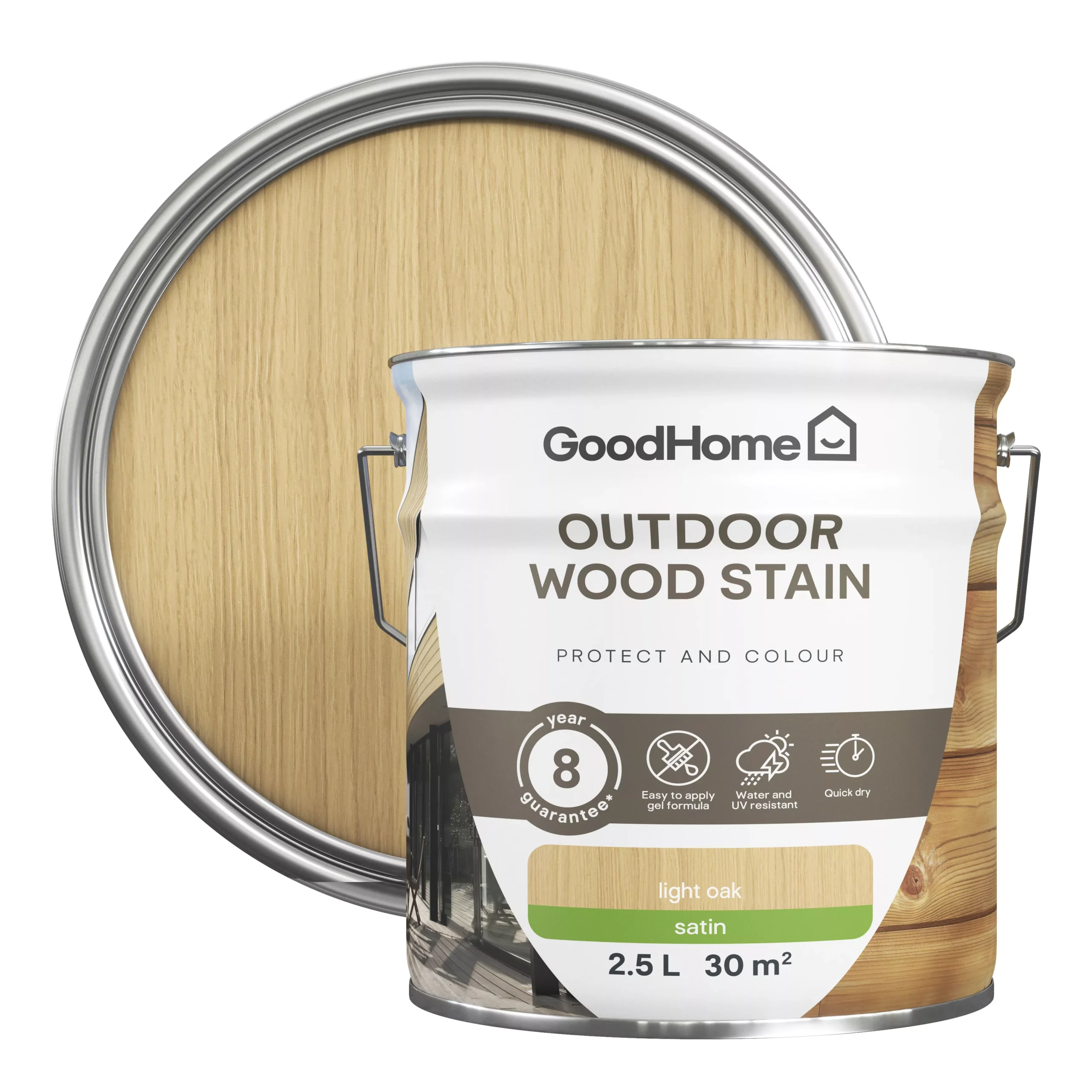 GoodHome Outdoor Light Oak Satin Quick Dry Wood Stain, 2.5L 3 GoodHome Outdoor Light Oak Satin Quick Dry Wood Stain, 2.5L