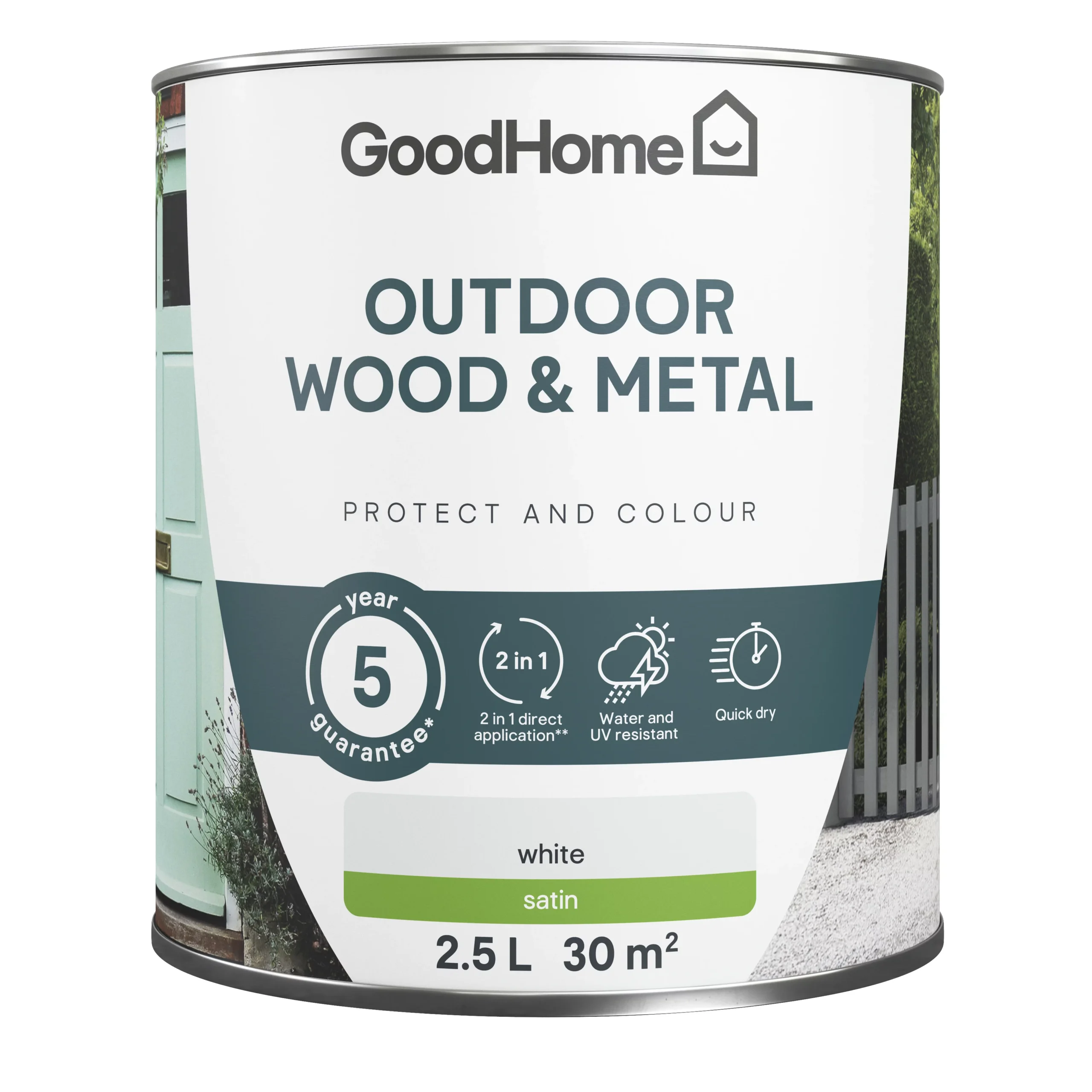 GoodHome Outdoor White Satinwood Multi-surface Paint, 2.5L 4 GoodHome Outdoor White Satinwood Multi-surface Paint, 2.5L - Image 2