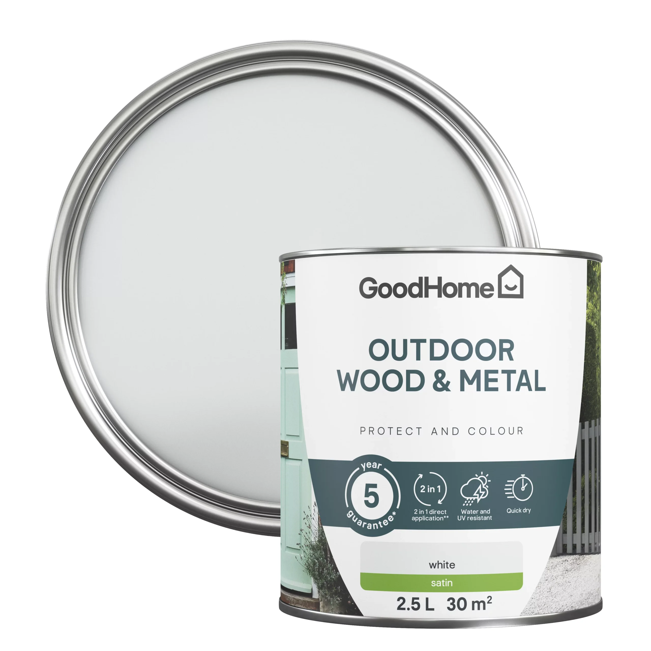 GoodHome Outdoor White Satinwood Multi-surface Paint, 2.5L 3 GoodHome Outdoor White Satinwood Multi-surface Paint, 2.5L