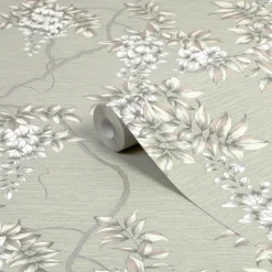 GoodHome Owletts Grey & Sage Floral Metallic Effect Textured Wallpaper