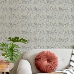 GoodHome Owletts Grey & Sage Floral Metallic Effect Textured Wallpaper -Goodhome goodhome owletts grey sage floral metallic effect textured wallpaper5059340410715 20i