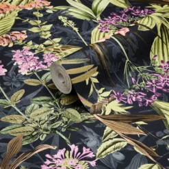 GoodHome Platin Lime & Navy Botanical Garden Textured Wallpaper