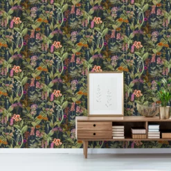 GoodHome Platin Lime & Navy Botanical Garden Textured Wallpaper -Goodhome goodhome platin lime navy botanical garden textured wallpaper5059340410043 01i