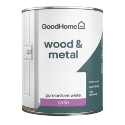 GoodHome Pure Brilliant White Satinwood Metal & Wood Paint, 750ml -Goodhome goodhome pure brilliant white satinwood metal wood paint 750ml5059340285269 02c