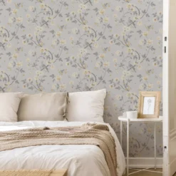 GoodHome Sandridge Grey & Yellow Floral Metallic Effect Smooth Wallpaper -Goodhome goodhome sandridge grey yellow floral metallic effect smooth wallpaper5059340433455 21i