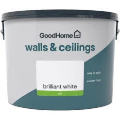 GoodHome Walls & Ceilings Brilliant White Vinyl Silk Emulsion Paint, 10L -Goodhome goodhome walls ceilings brilliant white vinyl silk emulsion paint 10l5059340232034 02c