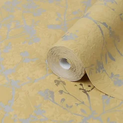 GoodHome Wavendon Yellow Sprig Silver Effect Textured Wallpaper