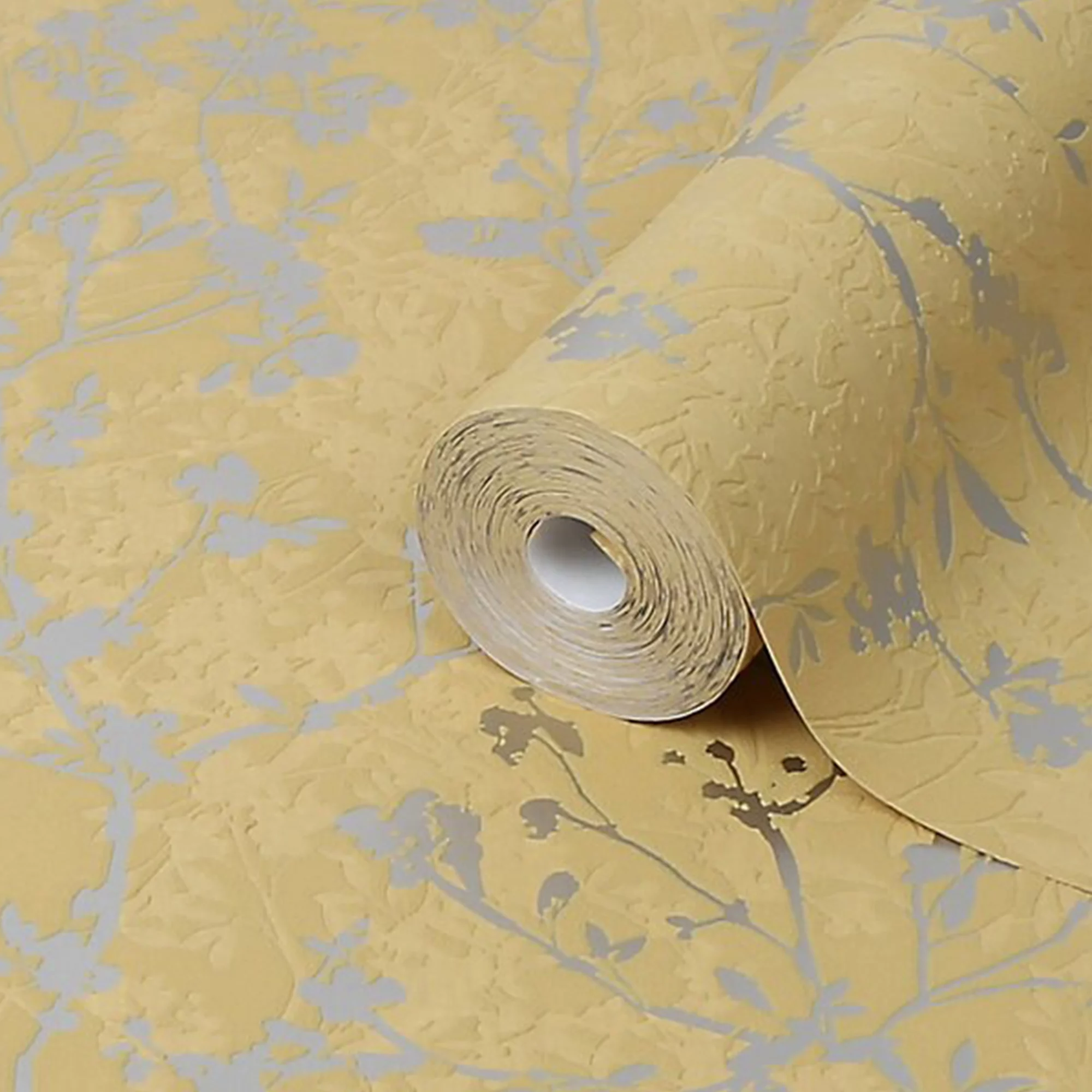 GoodHome Wavendon Yellow Sprig Silver Effect Textured Wallpaper 3 GoodHome Wavendon Yellow Sprig Silver Effect Textured Wallpaper