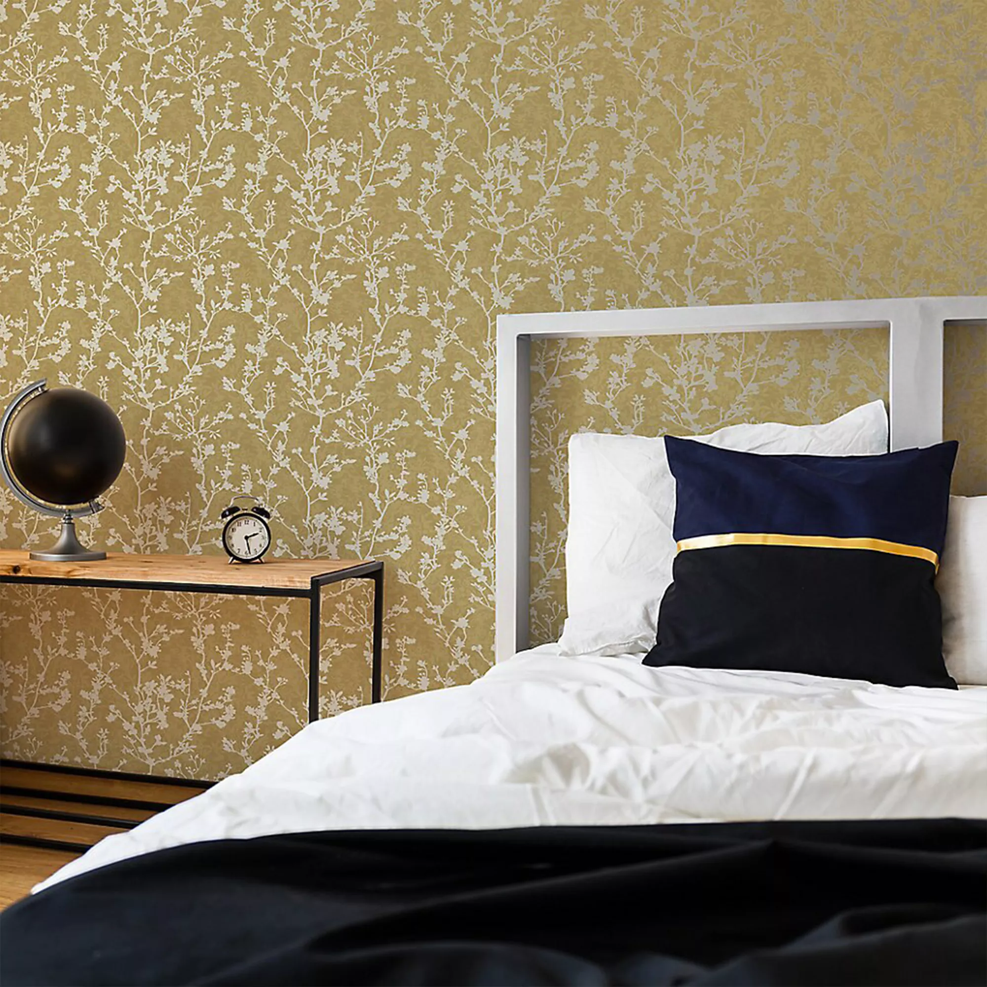 GoodHome Wavendon Yellow Sprig Silver Effect Textured Wallpaper 6 GoodHome Wavendon Yellow Sprig Silver Effect Textured Wallpaper - Image 4