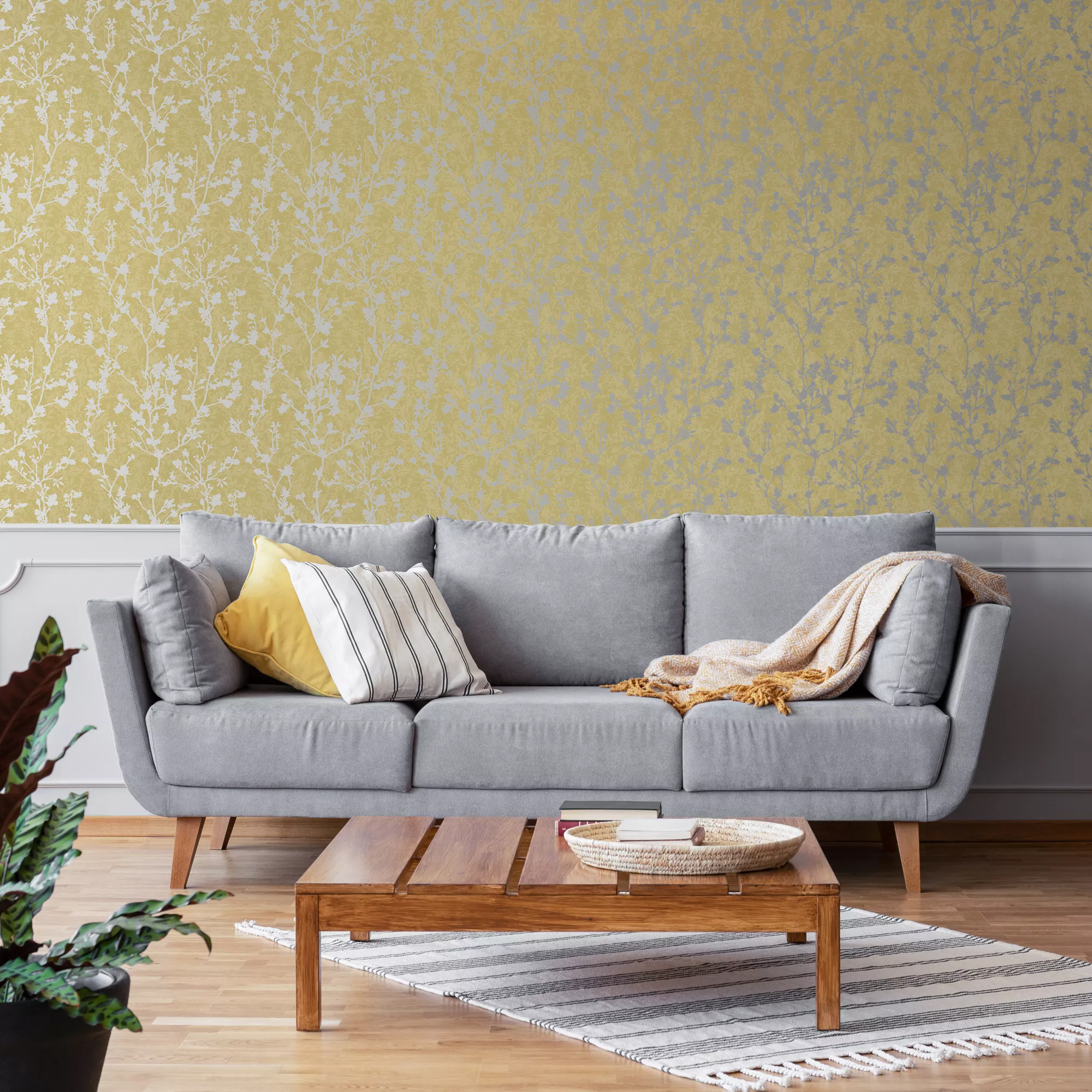 GoodHome Wavendon Yellow Sprig Silver Effect Textured Wallpaper 7 GoodHome Wavendon Yellow Sprig Silver Effect Textured Wallpaper - Image 5