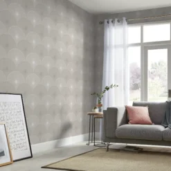 GoodHome Zamia Beige Art Deco Silver Effect Textured Wallpaper -Goodhome goodhome zamia beige art deco silver effect textured wallpaper3663602561071 02i