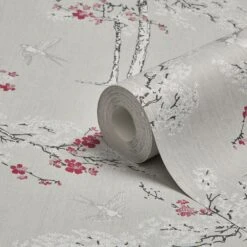 GoodHome Zumrut Grey & Plum Birds & Foliage Textured Wallpaper