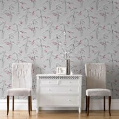 GoodHome Zumrut Grey & Plum Birds & Foliage Textured Wallpaper -Goodhome goodhome zumrut grey plum birds foliage textured wallpaper5059340487625 01i